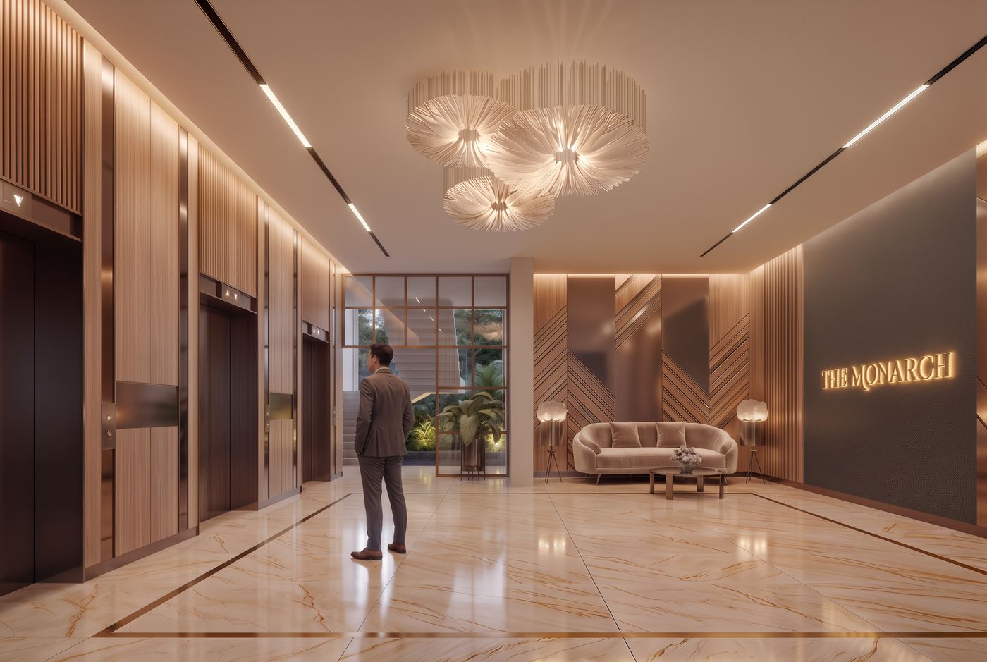 The lift lobby at The Monarch, in marble and fluted timber with a sculptural light