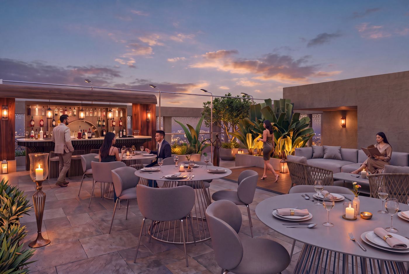 The rooftop lounge and bar at sunset