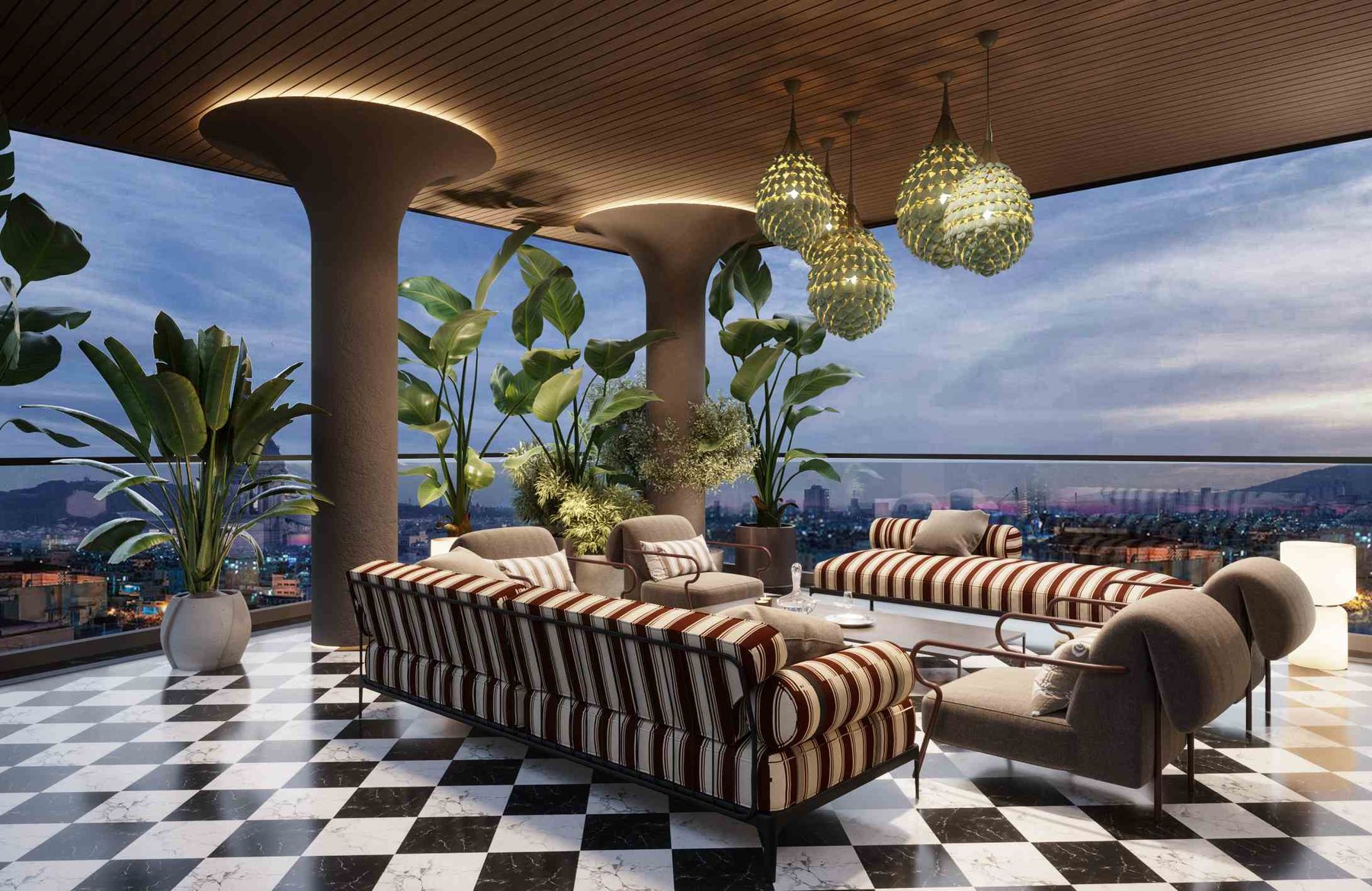 A private terrace at dusk with lounge seating above the city